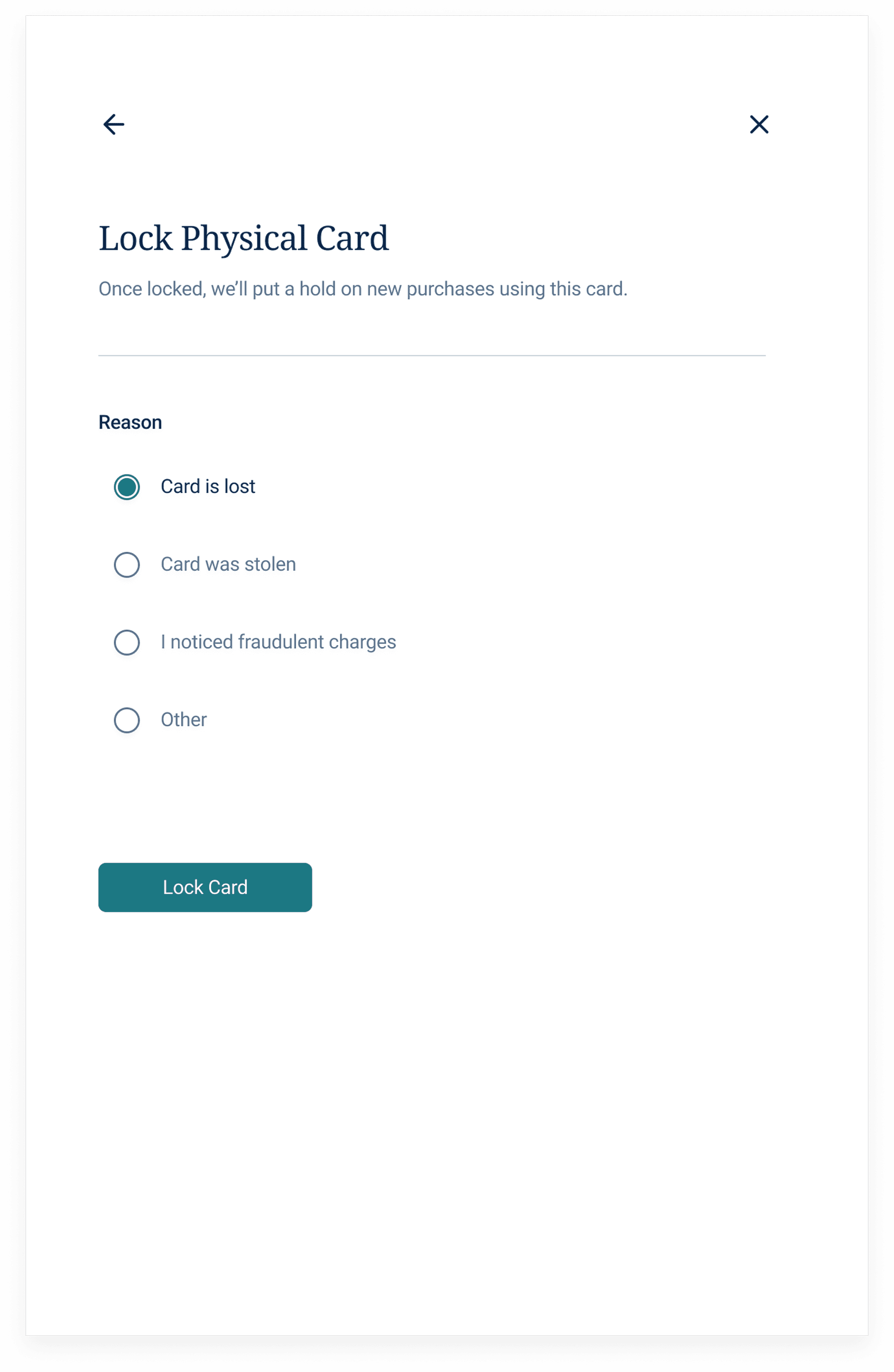 Debit card widget: lock card screen