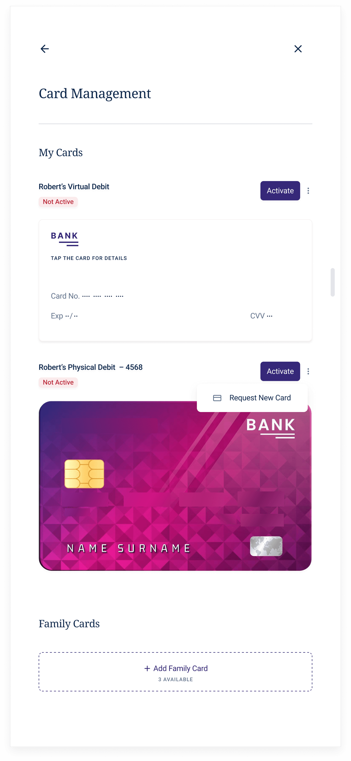 Debit card widget: manage card screen