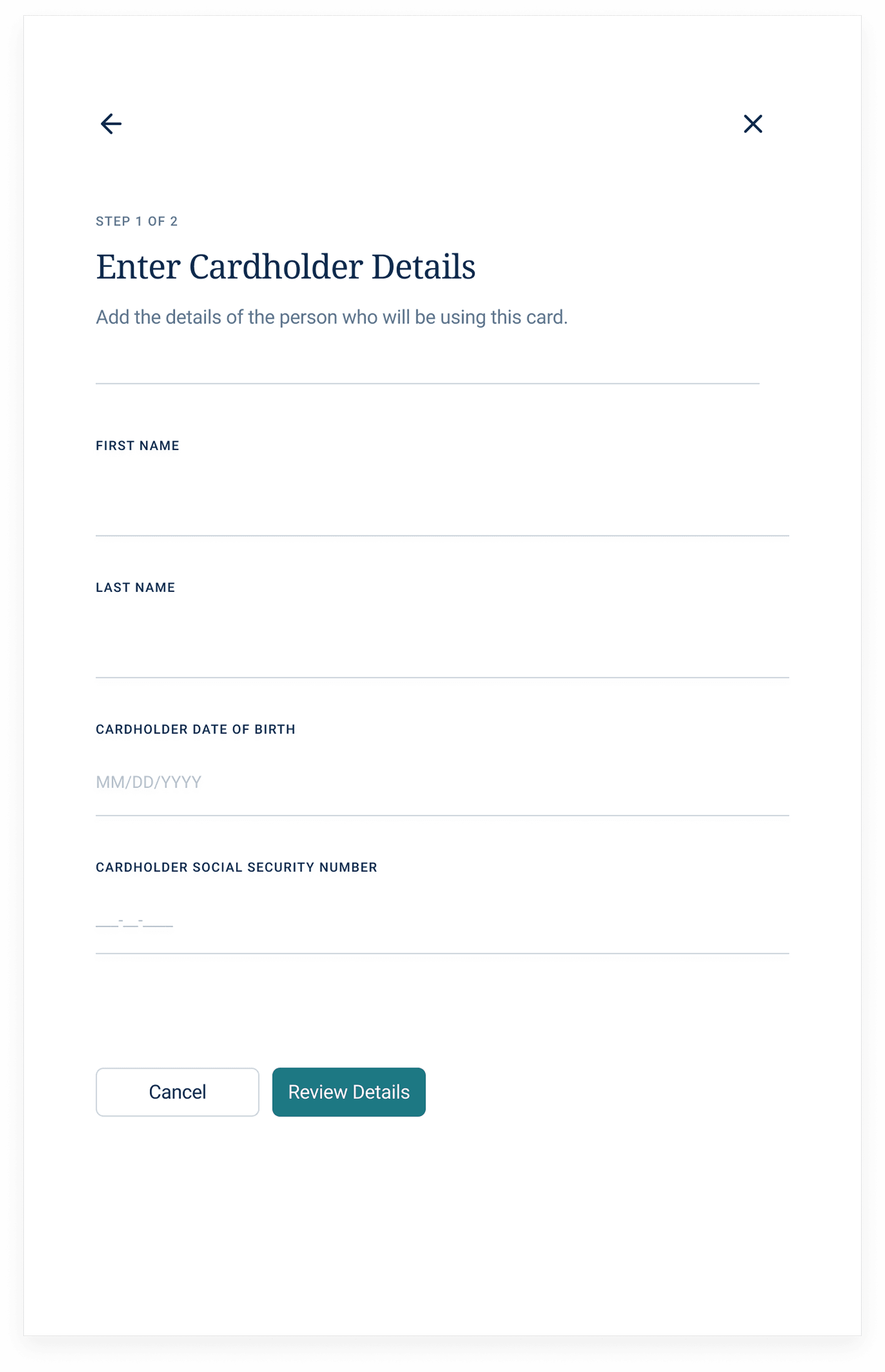Debit card widget: request card screen